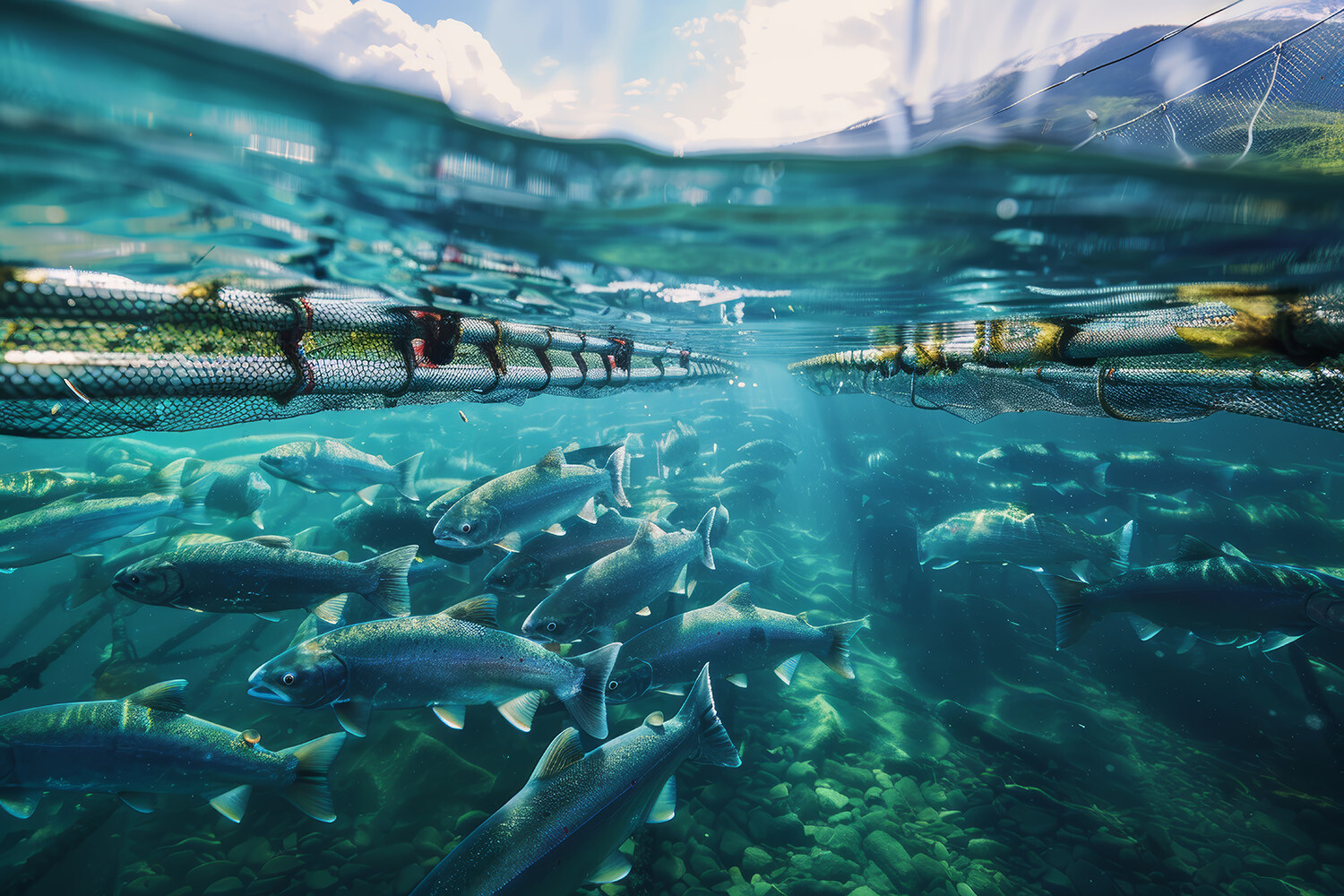 Aerial stock photo of salmon aquaculture pens in Scotland