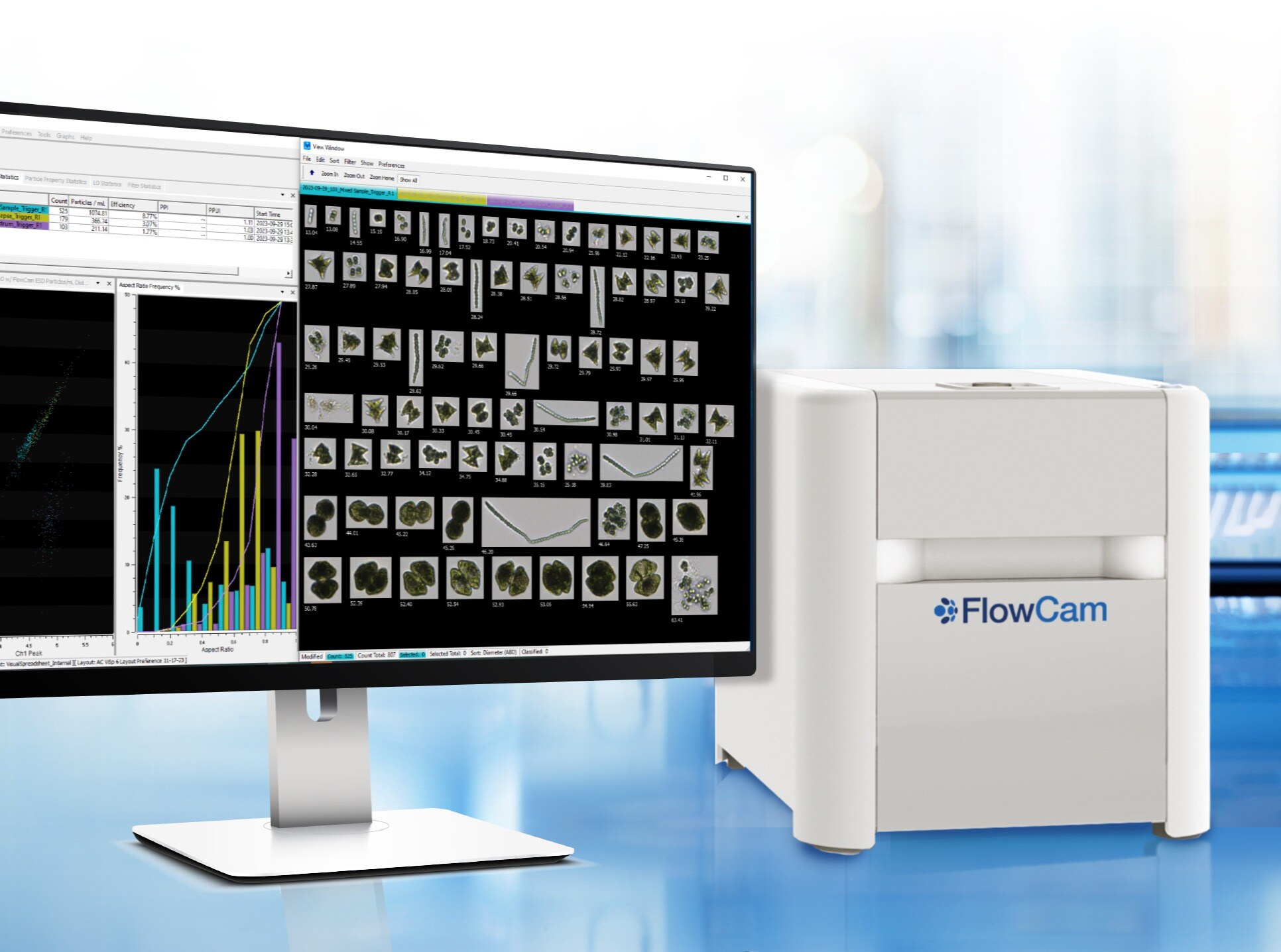 FlowCam 8000 instrument on lab benchtop with particle data and images on a monitor