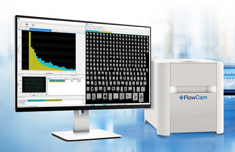 FlowCam instrument rendering on lab bench with data on monitor