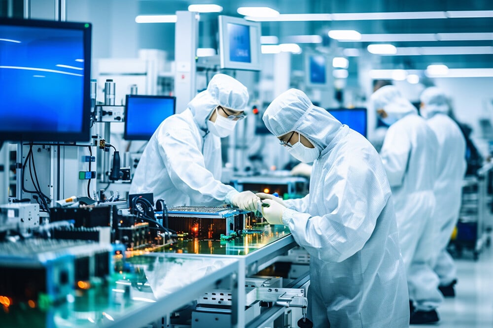 Workers in protective gear assembling electronics in a factory