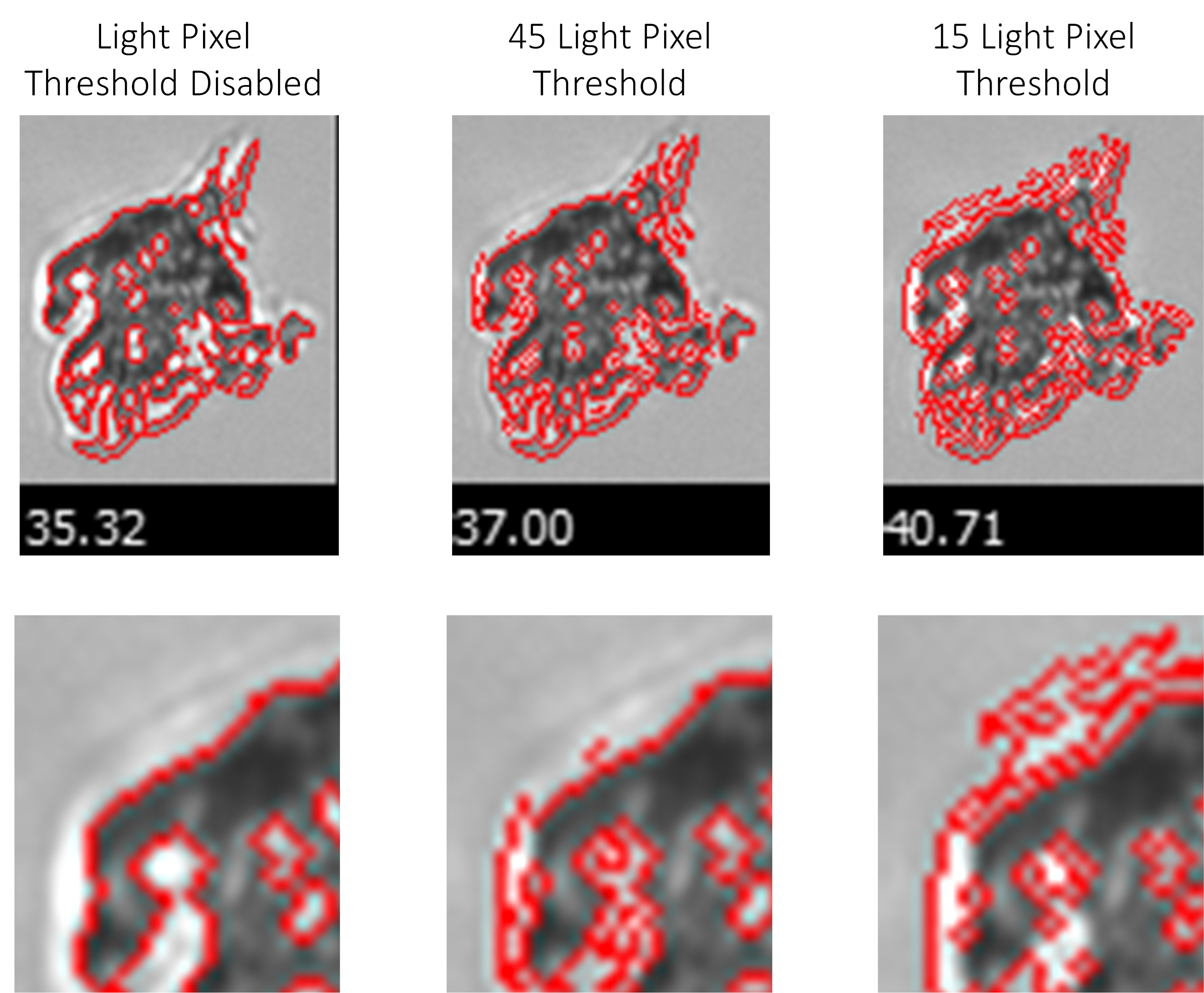 Detailed view of effects of Light Pixel Thresholding settings